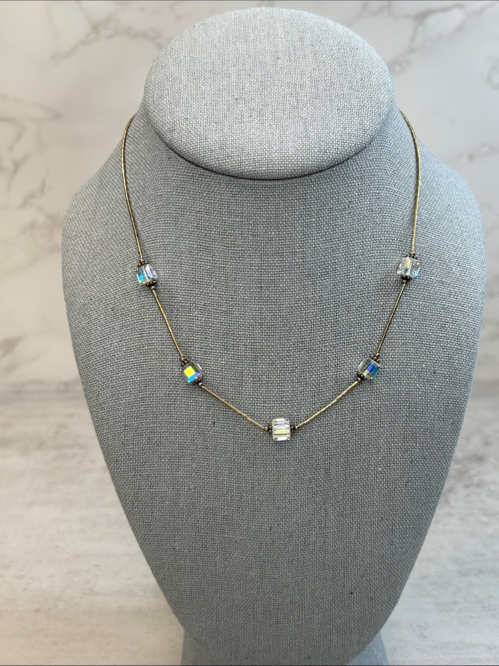 Delicate 925 Sterling Gold Plated Chain Necklace with AB Crystal Cube Accents